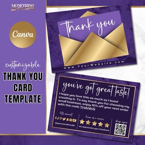 Plantilla de tarjeta de agradecimiento Canva: tarjeta de agradecimiento con pedido en dorado; marca para pequeñas empresas; plantilla de vale de regalo; mármol morado y dorado