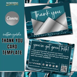 Plantilla de tarjeta de agradecimiento Canva - Tarjeta de agradecimiento de pedido plateada - Marca para pequeñas empresas - Plantilla de vale de regalo - Ágata verde azulado y plata
