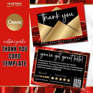 Plantilla de tarjeta de agradecimiento Canva: tarjeta de agradecimiento con pedido en dorado; marca para pequeñas empresas; plantilla de vale de regalo; ágata roja y dorado