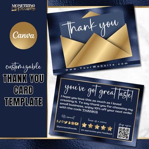 Plantilla de tarjeta de agradecimiento Canva: tarjeta de agradecimiento con pedido en dorado; marca para pequeñas empresas; plantilla de vale de regalo; azul marino y dorado