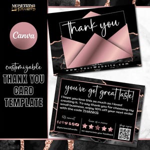 Plantilla de tarjeta de agradecimiento Canva: tarjeta de agradecimiento por pedido en oro rosa: marca para pequeñas empresas: plantilla de vale de regalo: ágata negra y oro rosa