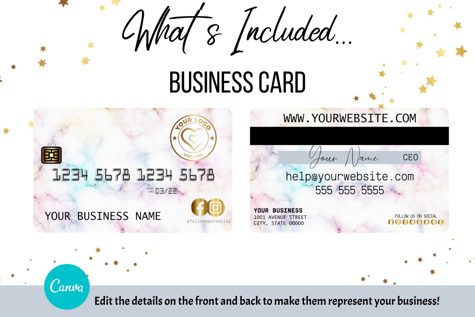 DIY Rainbow Marble Credit Card Business Cards Canva Template. Etsy
