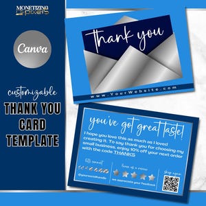 Plantilla de tarjeta de agradecimiento Canva - Tarjeta de agradecimiento por pedido en color plata - Marca para pequeñas empresas - Plantilla de vale de regalo - Azul y plata de lujo