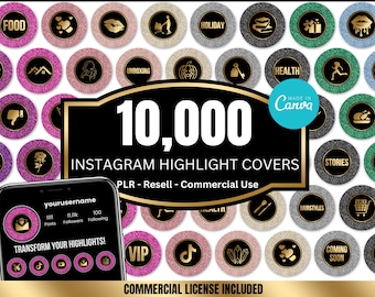 Instagram highlight covers, PLR, 10,000 luxe glitter Instagram templates, social media icons, branding kit, plr digital products,