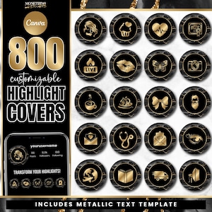 800+ Instagram Highlight Covers - Canva Instagram Templates - IG Story Icons - Branding Kit with Gold Metallic Text - Black Agate