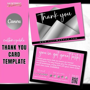 Plantilla de tarjeta de agradecimiento Canva - Tarjeta de agradecimiento de pedido plateada - Marca para pequeñas empresas - Plantilla de vale de regalo - Rosa y plata de lujo