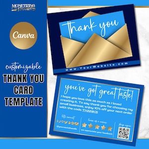 Plantilla de tarjeta de agradecimiento Canva: tarjeta de agradecimiento con pedido en dorado; marca para pequeñas empresas; plantilla de vale de regalo; azul y dorado de lujo