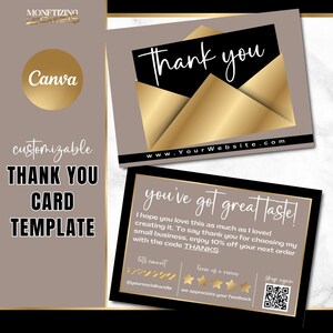 Plantilla de tarjeta de agradecimiento Canva - Tarjeta de agradecimiento por pedido dorada - Marca para pequeñas empresas - Plantilla de vale de regalo - Luxe & Gold