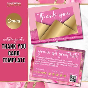 Plantilla de tarjeta de agradecimiento Canva: tarjeta de agradecimiento con pedido en dorado; marca para pequeñas empresas; plantilla de vale de regalo; ágata rosa y dorado