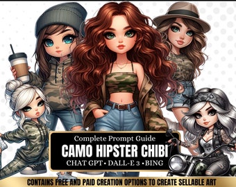 ChatGPT & DALL-E 3 AI Art Prompt Guide, 30 Camo Glamour Chibi Girl  Chatgpt prompts, For ebook template canva, plr, monetization guide