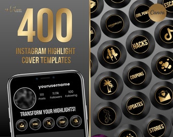 400 Instagram Story Highlight Icons - Black Foil - Instagram Story Cover - Gold - Canva Template- IOS 14 App Icons Aesthetic iPhone