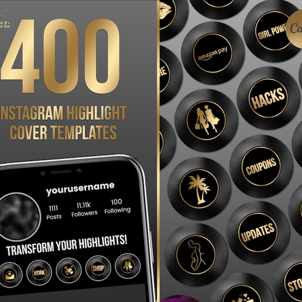 400 Instagram Story Highlight Icons - Black Foil - Instagram Story Cover - Gold - Canva Template- IOS 14 App Icons Aesthetic iPhone