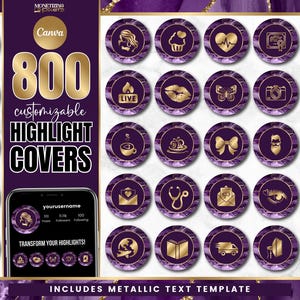 800+ Instagram Highlight Covers - Canva Instagram Templates - IG Story Icons - Branding Kit with Gold Metallic Text - Purple Agate