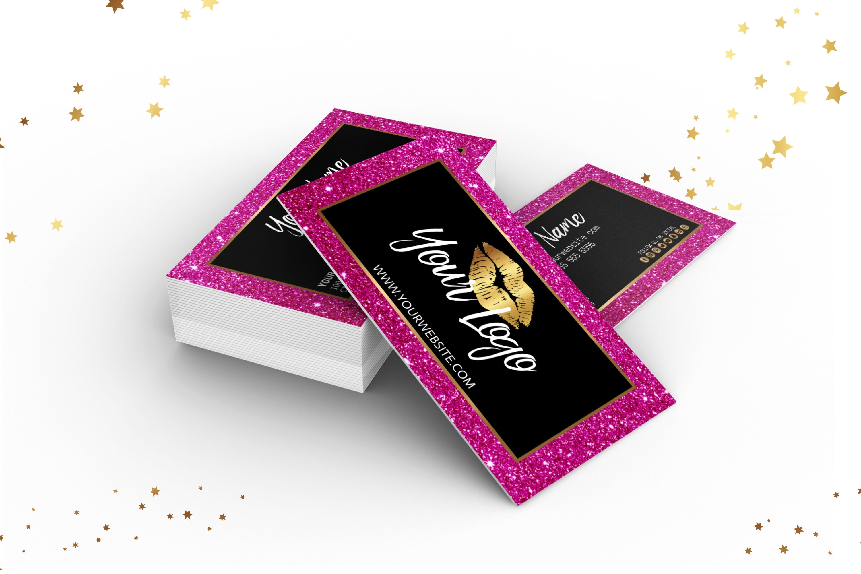 DIY Hot Pink Glitter Business Cards. Canva Template. Gold Etsy