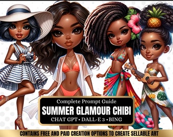 ChatGPT & DALL-E 3 AI Art Prompt Guide, 30 Summer Glamour African American Chibi Girl  Chatgpt prompts, For ebook template canva, plr,