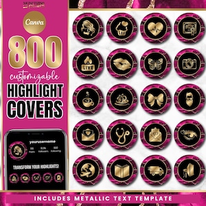 800+ Instagram Highlight Covers - Canva Instagram Templates - IG Story Icons - Branding Kit with Gold Metallic Text - Hot Pink Agate