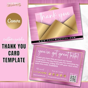 Plantilla de tarjeta de agradecimiento Canva: tarjeta de agradecimiento con pedido en dorado; marca para pequeñas empresas; plantilla de vale de regalo; metal cepillado rosa y dorado