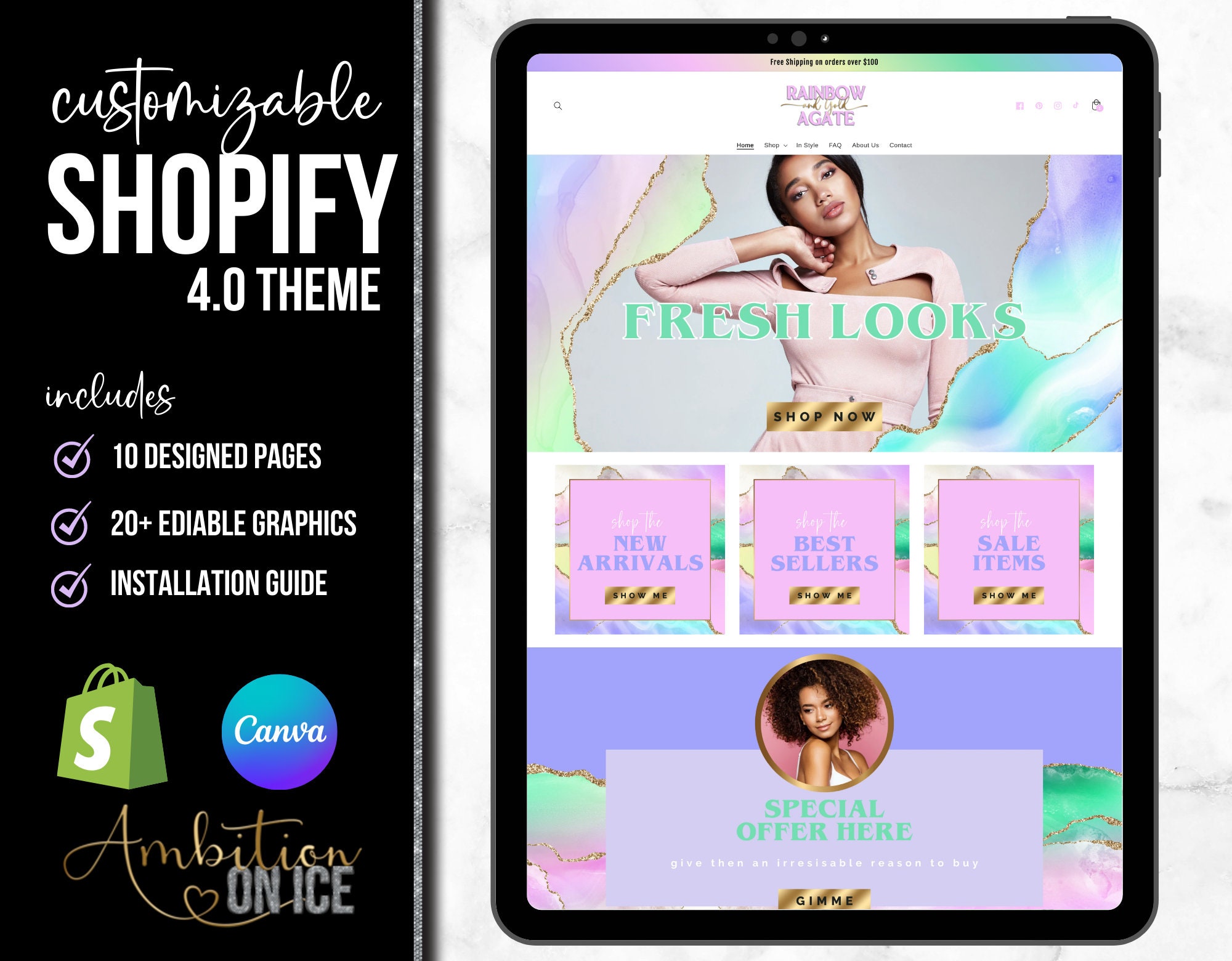 Rainbow and Gold Shopify Website Revamp RAGM Agate Shopify 4.0 Theme Template Shopify Graphics Canva Templates Shopify Design