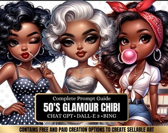 ChatGPT & DALL-E 3 AI Art Prompt Guide, 30 1950's Glamour African American Chibi Girl  Chatgpt prompts, For ebook template canva, plr,