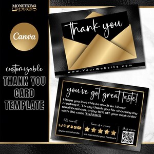 Plantilla de tarjeta de agradecimiento Canva: tarjeta de agradecimiento con pedido en dorado; marca para pequeñas empresas; plantilla de vale de regalo; lámina negra y dorada
