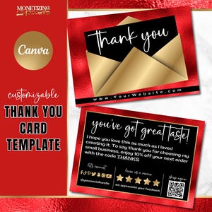 Plantilla de tarjeta de agradecimiento Canva: tarjeta de agradecimiento con pedido en dorado; marca para pequeñas empresas; plantilla de vale de regalo; lámina roja y dorada