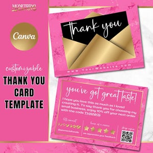 Plantilla de tarjeta de agradecimiento Canva: tarjeta de agradecimiento por pedido en dorado, marca para pequeñas empresas, plantilla de vale de regalo, mármol rosa intenso y dorado