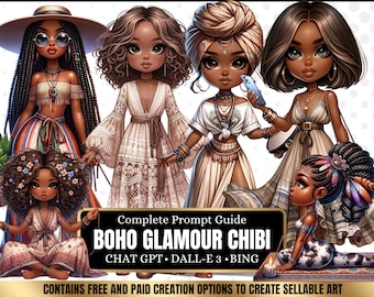 ChatGPT & DALL-E 3 AI Art Prompt Guide, 30 Boho Glamour African American Chibi Girl  Chatgpt prompts, For ebook template canva, plr,