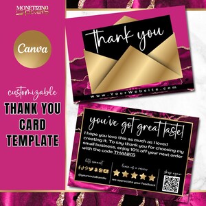 Plantilla de tarjeta de agradecimiento Canva: tarjeta de agradecimiento por pedido dorada; marca para pequeñas empresas; plantilla de vale de regalo; ágata rosa fuerte y oro