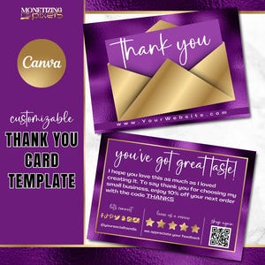 Plantilla de tarjeta de agradecimiento Canva: tarjeta de agradecimiento con pedido en dorado; marca para pequeñas empresas; plantilla de vale de regalo; lámina morada y dorada
