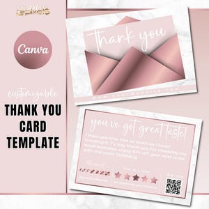 Plantilla de tarjeta de agradecimiento Canva: tarjeta de agradecimiento por pedido en oro rosa: marca para pequeñas empresas: plantilla de vale de regalo: mármol blanco y oro rosa