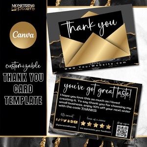 Plantilla de tarjeta de agradecimiento Canva: tarjeta de agradecimiento con pedido en dorado; marca para pequeñas empresas; plantilla de vale de regalo; ágata negra y dorado