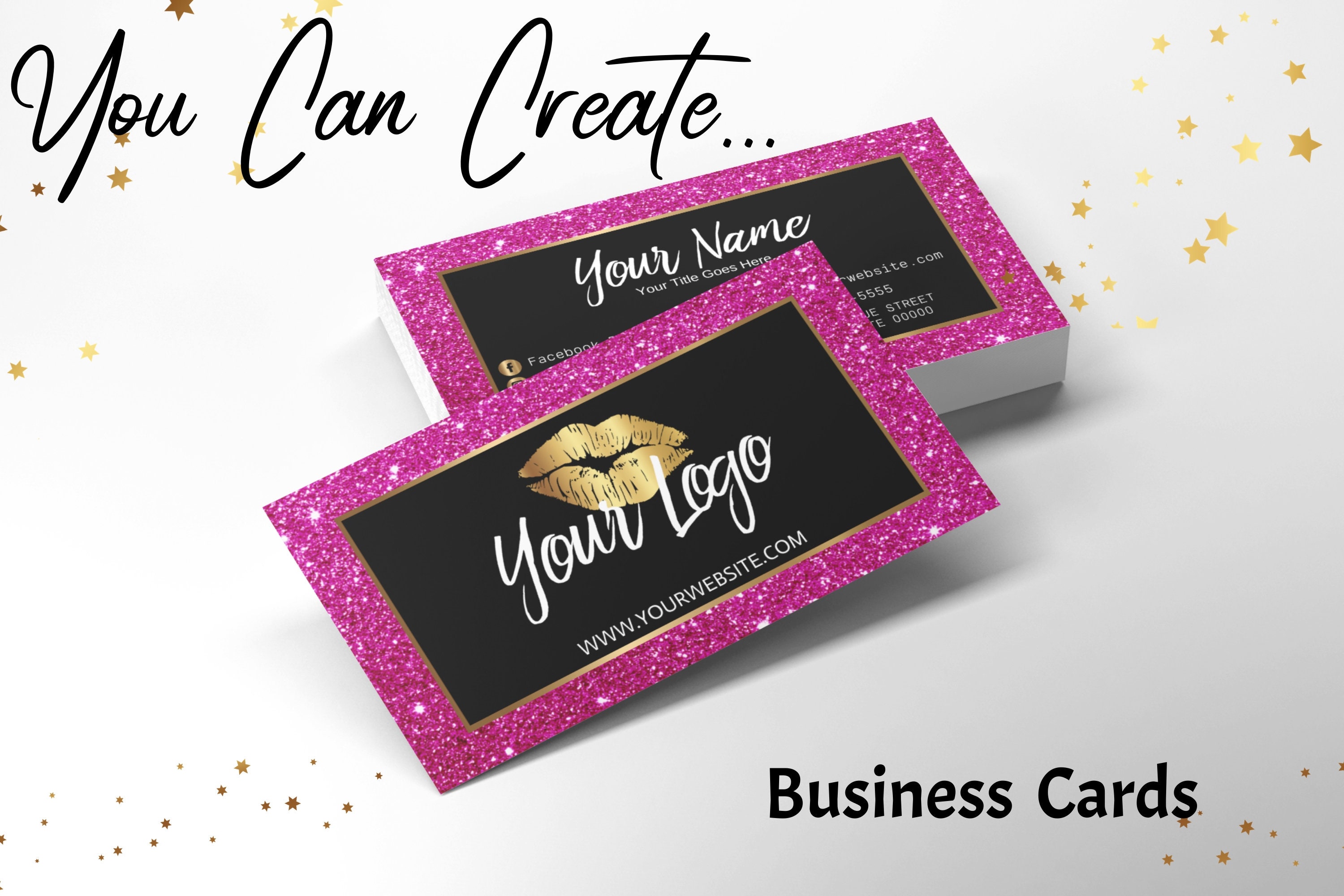 DIY Hot Pink Glitter Business Cards. Canva Template. Gold Etsy