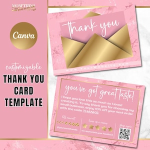 Plantilla de tarjeta de agradecimiento Canva: tarjeta de agradecimiento con pedido en dorado; marca para pequeñas empresas; plantilla de vale de regalo; mármol rosa y dorado