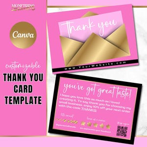 Plantilla de tarjeta de agradecimiento Canva: tarjeta de agradecimiento con pedido en dorado; marca para pequeñas empresas; plantilla de vale de regalo; rosa y dorado de lujo