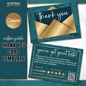 Plantilla de tarjeta de agradecimiento Canva: tarjeta de agradecimiento por pedido en dorado; marca para pequeñas empresas; plantilla de vale de regalo; mármol verde azulado y dorado