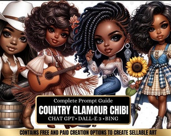 ChatGPT & DALL-E 3 AI Art Prompt Guide, 30 Country Glamour African American Chibi Girl  Chatgpt prompts, For ebook template canva, plr,