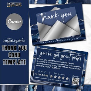 Plantilla de tarjeta de agradecimiento Canva - Tarjeta de agradecimiento de pedido plateada - Marca para pequeñas empresas - Plantilla de vale de regalo - Ágata azul marino y plata