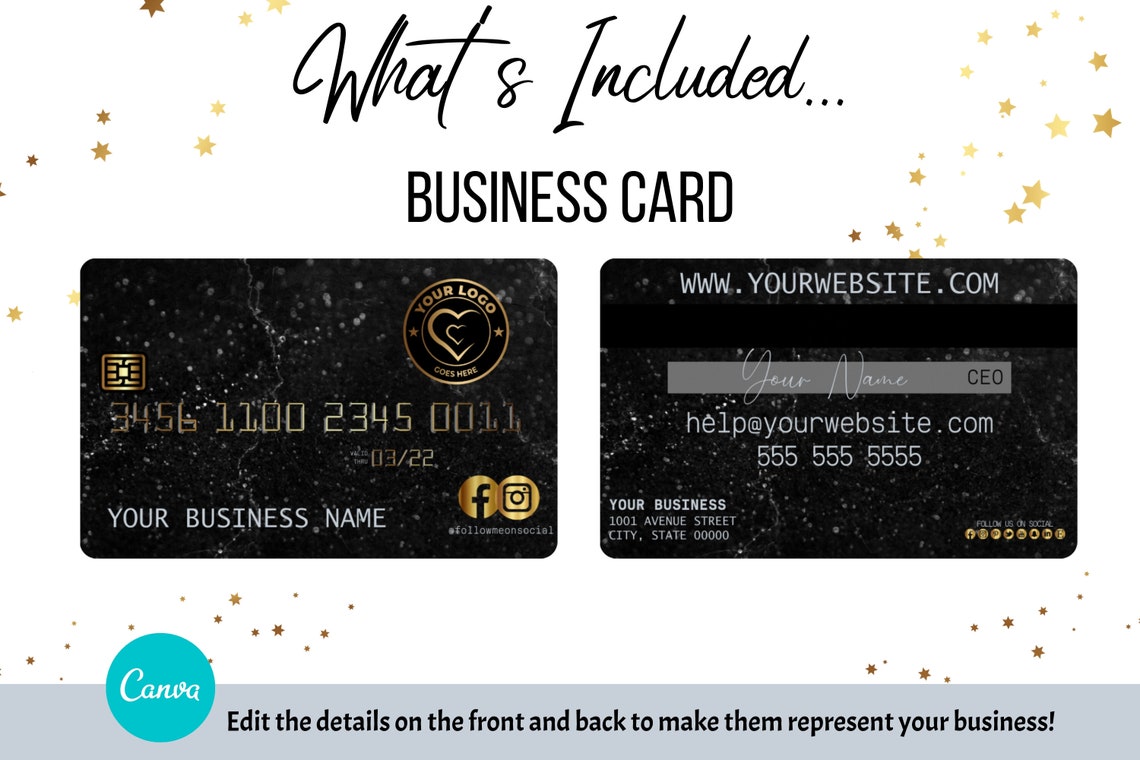 DIY Gold Black Marble Credit Card Business Cards. Canva Etsy