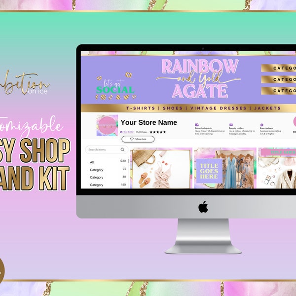 Editable Etsy Shop Kit Canva Templates - Banner Set Canva - Etsy Store Listing Templates - Rainbow Agate & Gold Branding - Instant Download