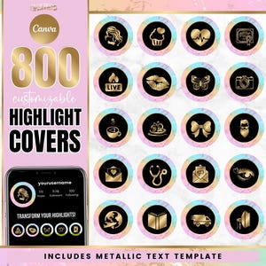 800+ Instagram Highlight Covers - Canva Instagram Templates - IG Story Icons - Branding Kit with Gold Metallic Text - Pastel Rainbow Marble