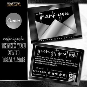 Plantilla de tarjeta de agradecimiento Canva - Tarjeta de agradecimiento de pedido en color plata - Marca para pequeñas empresas - Plantilla de vale de regalo - Lámina negra y plata