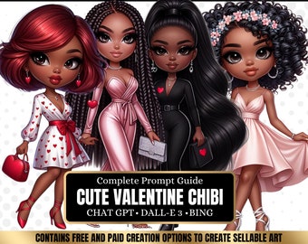 ChatGPT & DALL-E 3 AI Art Prompt Guide, 30 Valentine African American Chibi Girl  Chatgpt prompts, For ebook template canva, plr,