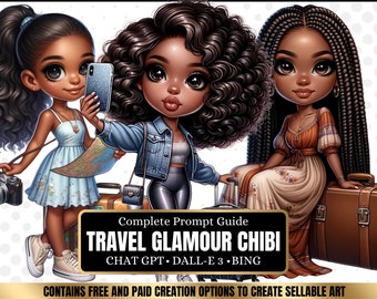 ChatGPT & DALL-E 3 AI Art Prompt Guide, 30 Travel Glamour African American Chibi Girl  Chatgpt prompts, For ebook template canva, plr,