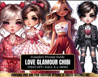 ChatGPT & DALL-E 3 AI Art Prompt Guide, 30 Love glamour chibi Girl  Chatgpt prompts, For ebook template canva, plr, monetization guide