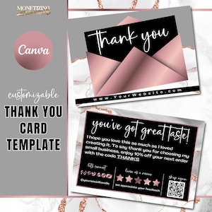 Plantilla de tarjeta de agradecimiento Canva: tarjeta de agradecimiento por pedido en oro rosa: marca para pequeñas empresas: plantilla de vale de regalo: ágata blanca y oro rosa