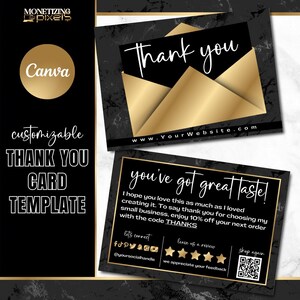 Plantilla de tarjeta de agradecimiento Canva: tarjeta de agradecimiento con pedido en dorado; marca para pequeñas empresas; plantilla de vale de regalo; mármol negro y dorado