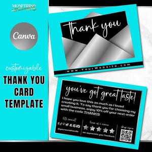 Plantilla de tarjeta de agradecimiento Canva - Tarjeta de agradecimiento por pedido en color plata - Marca para pequeñas empresas - Plantilla de vale de regalo - Lujo en aguamarina y plata