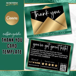 Plantilla de tarjeta de agradecimiento Canva - Tarjeta de agradecimiento por pedido en dorado - Marca para pequeñas empresas - Plantilla de vale de regalo - Lámina esmeralda y dorado