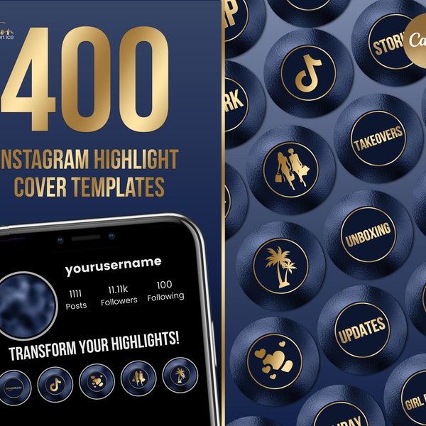 400 Instagram Story Highlight Icons - Navy Foil - Instagram Story Cover - Gold - Canva Template- IOS 14 App Icons Aesthetic iPhone