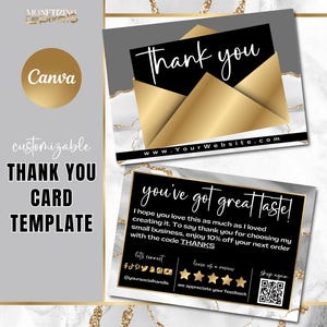 Plantilla de tarjeta de agradecimiento Canva: tarjeta de agradecimiento con pedido en dorado; marca para pequeñas empresas; plantilla de vale de regalo; ágata blanca y dorado
